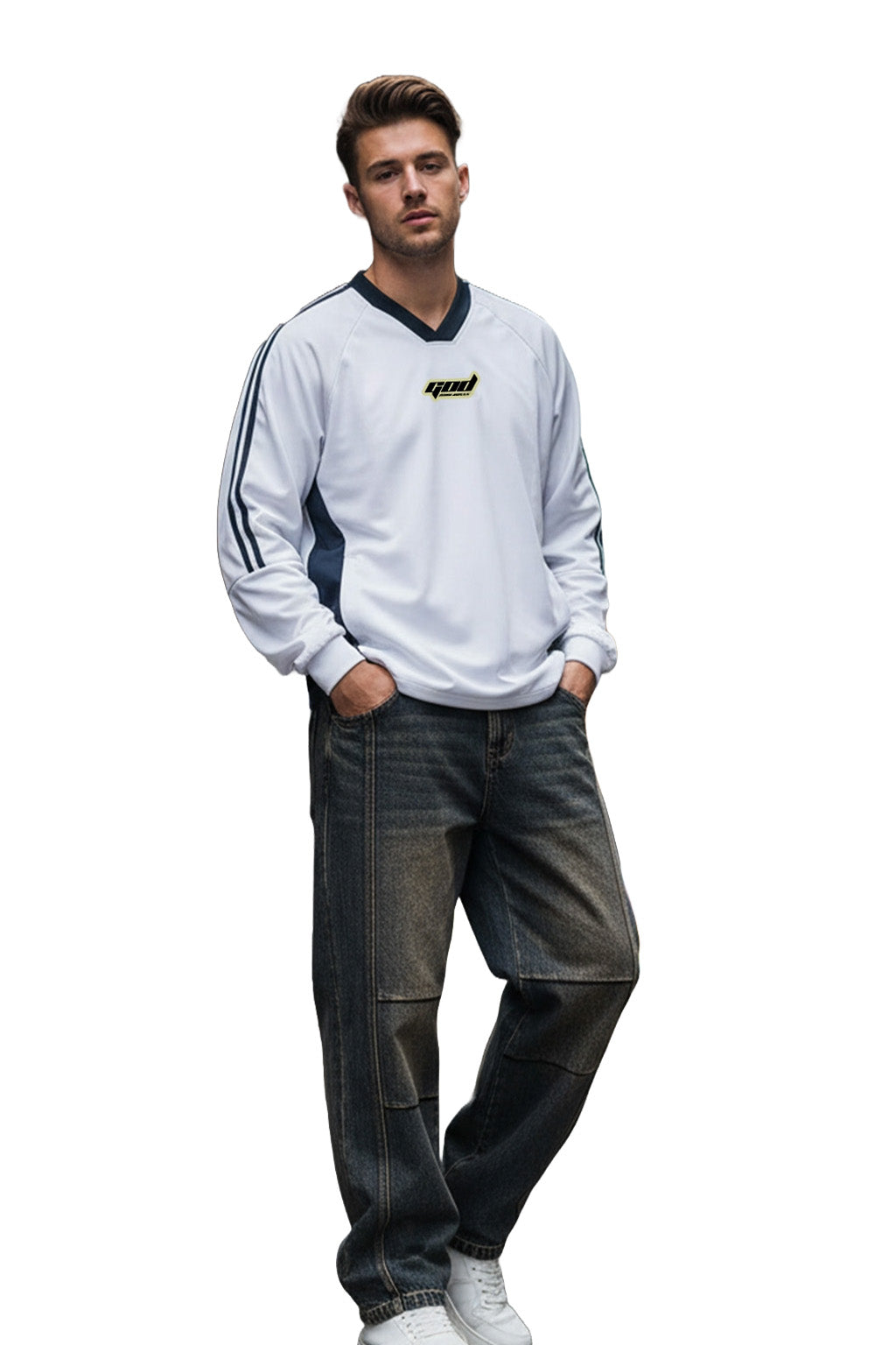 Colorblock V-neck Long Sleeve Shirt